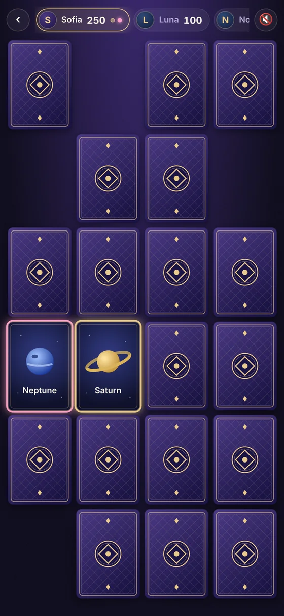 A Memory Veil game in progress: one card shown to everyone, one peeked in secret